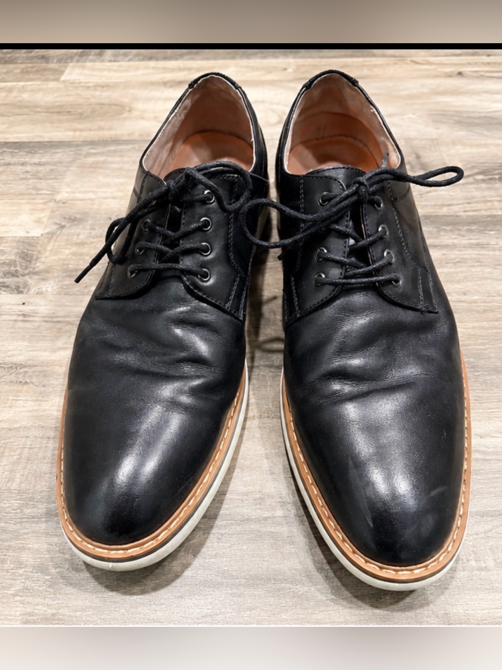 Florsheim Black Leather Derby Shoes with Tan welt and White Sole